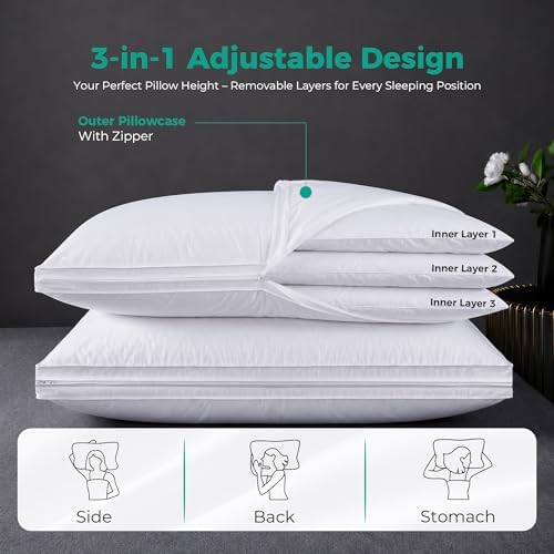 Three Geese Adjustable Layer Goose Feather Pillow,Assemblable Bed Pillow,100% Soft Organic Cotton Cover,Good for Side and Back Stomach Sleeper, Queen Size,Packaging Include 2 Pillows - Image 2