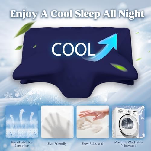 Cooling Contour Memory Foam Pillows Support Odorless Ergonomic Neck Pillow Adjustable Orthopedic Bed Pillow for Side Back Stomach Sleeper Cervical Pillow for Neck Pain Relief,with Pillowcase,Navy - Image 3