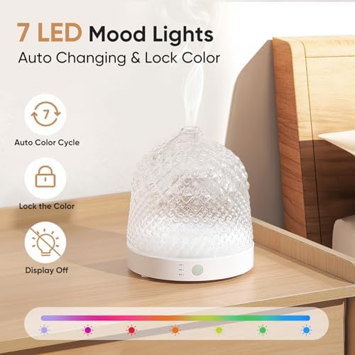 Lecdura Glass Essential Oil Diffuser, 200ml Ultrasonic Aroma Diffusers with Glass Reservoir Dome & White Plastic Base Lock Color Auto-Off Timer 7 Color Light for Home Office Bedroom Yoga - Image 5