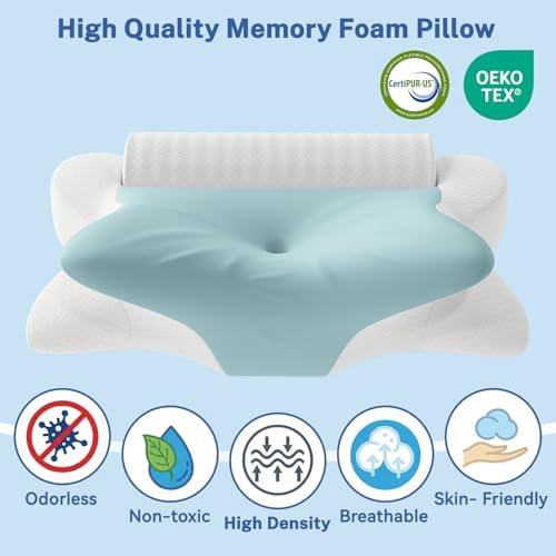 Cervical Neck Pillow for Pain Relief & Sleeping, Ergonomic Posture Pillow Neck Support, Cooling Memory Foam Pillow with Roll Pillow, Orthopedic Contour Pillow for Side Back Stomach Sleepers, Blue - Image 7