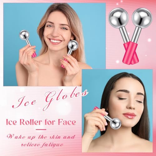 Baderke 2 Pcs Ice Globes for Face Stainless Steel Cooling Globes Unbreakable Cooling Roller Women Ice Balls Cryo Sticks Facials Skin Care for Dark Circles, Puffiness(Silver (Pink Handle)) - Image 5