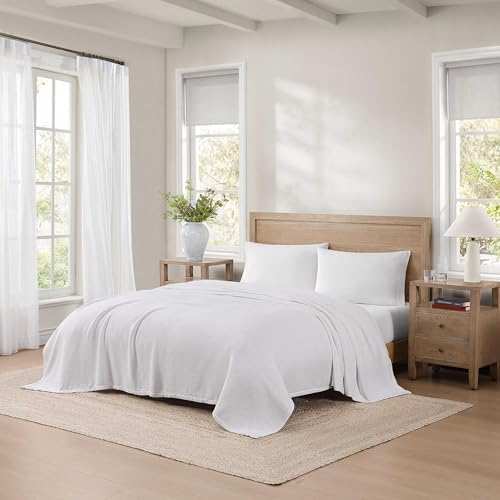Tommy Hilfiger - Queen Cotton Blanket, Textured Pique Weave Bedding, Medium Weight Soft Blanket, Anti-Pilling & Fade Resistant, Ideal for Layering, Oeko-TEX Certified (White) - Image 2