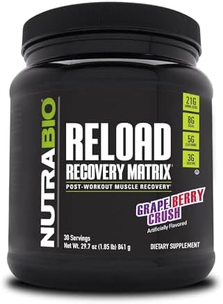NutraBio Reload - Powerful Muscular Recovery Formula - Post-Workout Supplement - 3G Creatine - 8G BCAAs - 5G Glutamine - 30 Servings, Grape Berry Crush by NutraBio