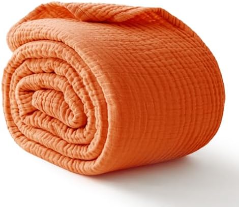 100% Cotton Muslin Blanket King 108" x 90", 6 Layers Breathable and Lightweight Cotton Throw Blankets for Bed, Soft Cooling Summer Gauze Blanket for Adults All Season, Orange by Kozyhvn