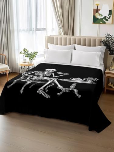 Halloween Twin Flat Sheet Skeleton Sitting Tea Time Flat Sheets Only Soft Bedding Top Sheets Luxury Hotel Quality Tea Cup Funny Skull Twin Bed Sheet for All Season Bedroom Dorm Halloween Decor - Image 2