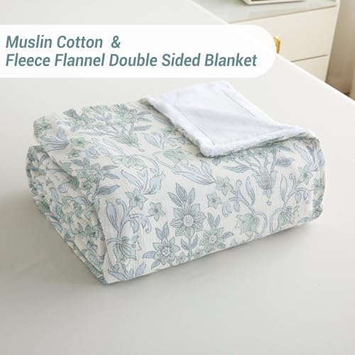 Viviland Cotton Muslin Blanket Reversible Fleece Blanket Lightweight Breathable Gauze Queen Size 90 x 90 Inches, Green Narcissus - Image 4