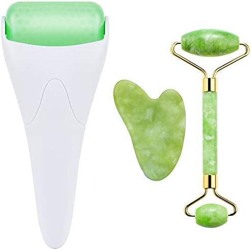 AECW 3-in-1 Natural Jade Roller and Gua Sha Set for Face and Eye Ice Roller Facial Cooling Massage Roller (White Ice Roller + Jade Roller + Gua Sha) by AECW
