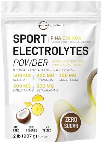 Micro Ingredients Electrolytes Powder, 2 lbs | 95 Servings | Sugar Free Workout Hydration | Potassium, Sodium, L-Glutamine, Beta-Alanine, & More | Natural Coconut Water | Pineapple Piña Colada Flavor by MicroIngredients