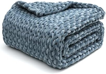 YnM Velvet Weighted Blanket, Handmade Chunky Knitted Design, Soft and Cozy, Temperature Regulating and Breathable, Machine Washable Throw for Sleep or Home Decor (Blue, 85x118 Inch, 40lbs) by YNM