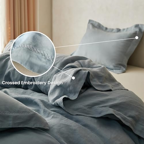 Simple&Opulence 100% Linen Duvet Cover Set with Crossed Embroidery Washed - 3 Pieces (1 Duvet Cover with 2 Pillow Shams) Soft Breathable Farmhouse - Dusty Blue, Queen Size - Image 4