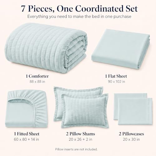 CozyLux Queen Comforter Set, 7 Pieces Ice Blue Seersucker Bed in a Bag - Image 2