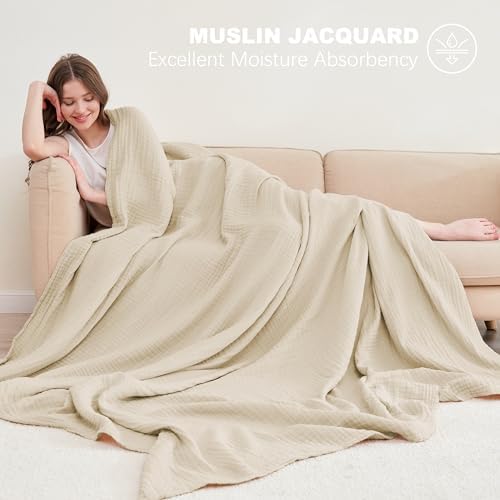 Cosy Family 4 Layer Muslin Bed Blanket - Breathable and Lightweight Gauze Boho Blanket for Spring, Soft 100% Cotton Muslin Blanket, Light Tan, 55x80 Inches - Image 2