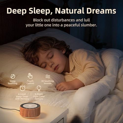 Kipcush White Noise Machine for Baby & Adults, 30 Soothing Sounds, Soft Non-Glare Nursery Lamp, 8 Color Night Lights, Memory Function (Angel V5 Wooden, Standard) - Image 2