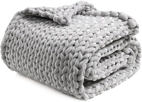 YnM Velvet Weighted Blanket, Handmade Chunky Knitted Design, Soft and Cozy, Temperature Regulating and Breathable, Machine Washable Throw for Sleep or Home Decor (Light Grey, 85x118 Inch, 40lbs) by YNM