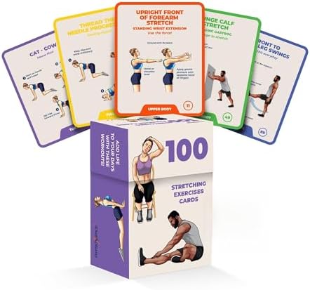 Stretching Exercise Cards – 100 Illustrated Flexibility and Mobility Flash Cards Designed by a Physical Therapist with Video Tutorials for Men and Women by PhysioSpace