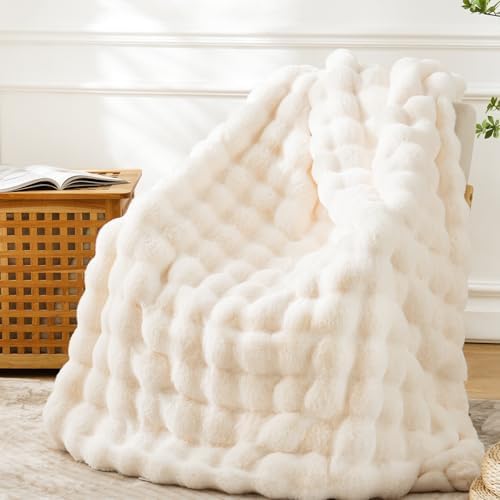 BENVWE Faux Fur Throw Blanket for Couch Bed - Fluffy Soft Thick Bubble Blanket for Living Room Home Decor - Mothers Day Birthday Gifts for Women, Cream White, 63" x 80" by BENVWE