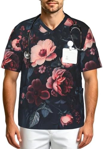 Men's Scrub Top,V-Neck Spill Wrinkle Resistant,3 Pockets-Dark Floral (1) by Unknown