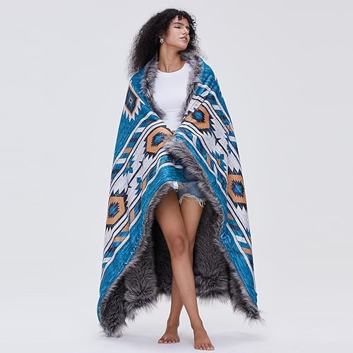 Luxury Plush Faux Fur Throw Blanket with Aztec Pattern, Super Warm, Fuzzy, Elegant, Fluffy Decoration Blanket for Couch, Armchair, Sofa and Bed, 60''x 80'', Teal - Image 6