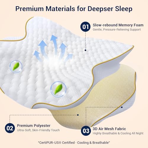 AZBESTPRO Memory Foam Cervical Pillow for Neck Support & Pain Relief, Butterfly Ergonomic Design – 24×15.75×5.7 Inches, Removable 100% Polyester Pillowcase, Suitable for Side & Back Sleepers (Gold) - Image 6