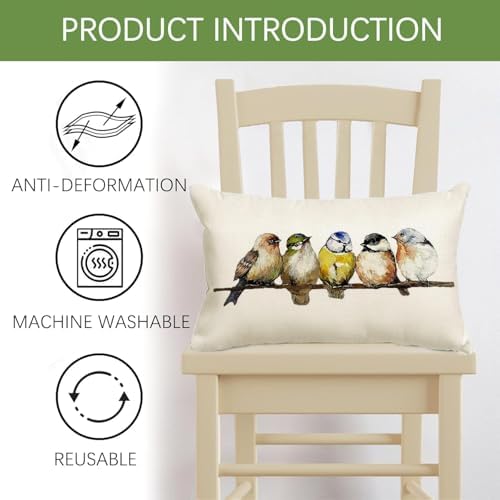 RABUSOFA Watercolor Birds Pillows Decorative Throw Pillows 12x20,Hand-Painted Oil Painting Rustic Birds Lumbar Pillow Cases,Cute Colorful Spring Summer Decorations for Home Couch Sofa Outdoor - Image 6
