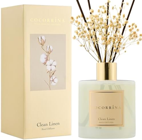COCORRÍNA Reed Diffuser - Clean Linen 17 Fl.oz Reed Diffuser with 8 Sticks Scented Diffuser with Preserved Flowers for Bathroom Home Decor by COCORR%C3%8DNA