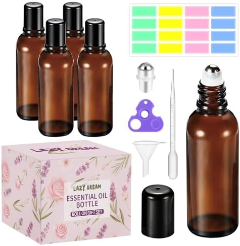 10ML Roller Bottles for Essential Oil, 4 Pack Empty Amber Glass Roller Bottle for Perfume Oil, Roll on Bottles with Stainless Steel Roller Balls, Opener, Funnel and Dropper for Aromatherapy, Massage by Lazy+Dream