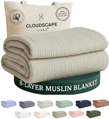 CLOUDSCAPE 8 Layer 100% Cotton Muslin Bed Blanket Queen Size 92"x92" - Fog by CloudScapeLinen