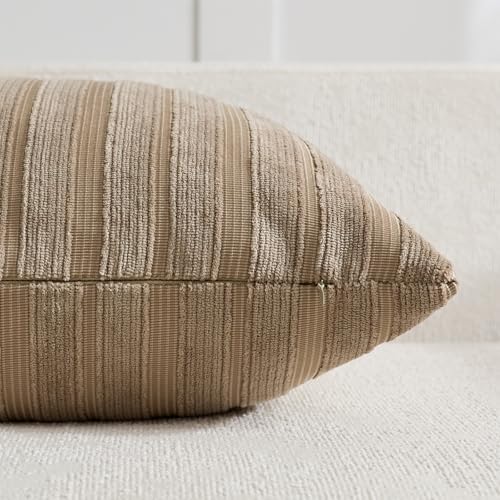 DEZENE 18x18 Khaki Throw Pillow Covers Pack of 2 Soft Striped Corduroy Square Neutral Pillow Cases for Couch Sofa Bedroom Living Room Home Decor - Image 3