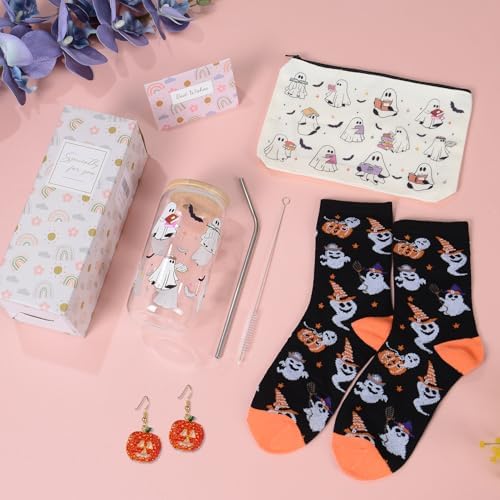 Halloween Gifts for Women,Boo Basket Stuffers for Women,Fall Gift Basket Set, Spooky Basket Stuffers Ideas for Her Cute Halloween Care Package Gift Box Boo Themed Stuff 16oz Ghost Glass Cup - Image 2