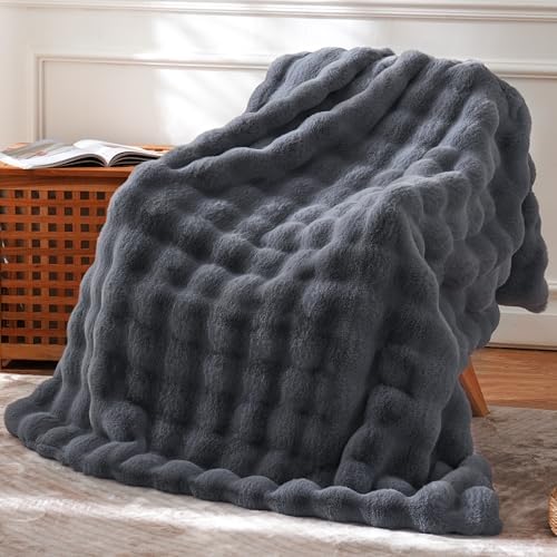 BENVWE Faux Fur Throw Blanket for Couch – Cozy Fuzzy Soft Plush Fluffy Thick Luxury Minky Bubble Blanket for Living Room Home Decor – Fathers Day Birthday Gifts for Women and Men, Grey, 51" x 63" by BENVWE