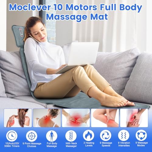 Moclever Full Body Massage Mat with Heat,Massage Mattress with Shiatsu Neck Massager & Movable Neck Back Massager Pillow,10 Vibrating Motors,9 Massaging Modes & Timer for Back Leg Pain Relief - Image 2