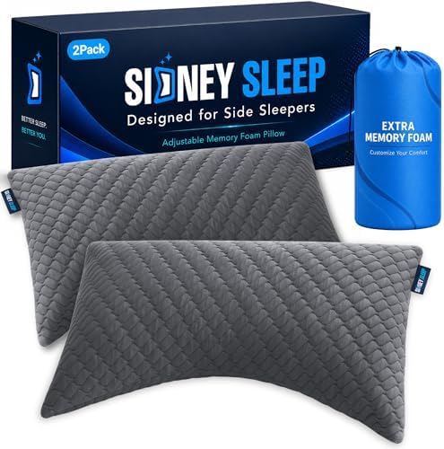 Sidney Sleep Set of 2 Queen Size Bed Pillows for Side and Back Sleepers - Adjustable Filling - Memory Foam Pillows for Neck and Shoulder Pain - Customizable Loft - Extra Foam Included (Grey) by SidneySleep