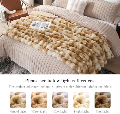 Amélie Home Faux Fur Throw Blanket, Ultra Soft Fuzzy Plush Bubble Blanket for Couch, Bed & Living Room, 60"x80", Tie-dye Khaki - Image 5
