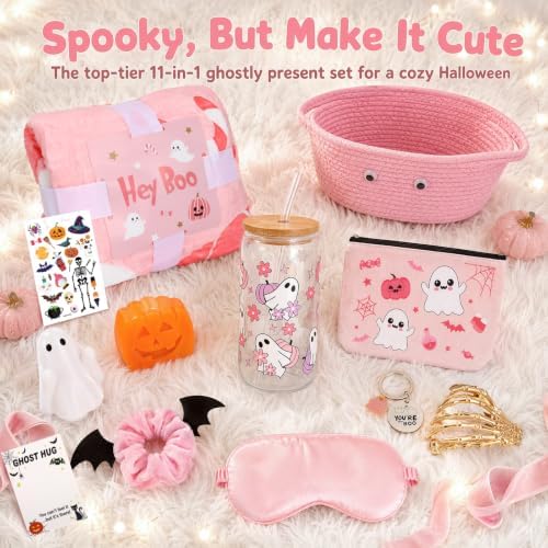 Womens Pink Gift Set Halloween Gifts for Women Cute Halloween Boo Basket Her Sister Friend Adults With Spooky Glass Cups - Image 2