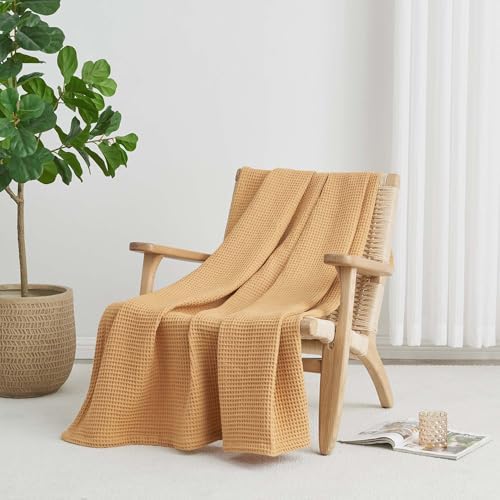 100% Cotton Yellow Blanket King Size for Bed - Breathable and Soft, Waffle Weave for Summer Spring, 102x90 Inches (Marigold) - Image 3
