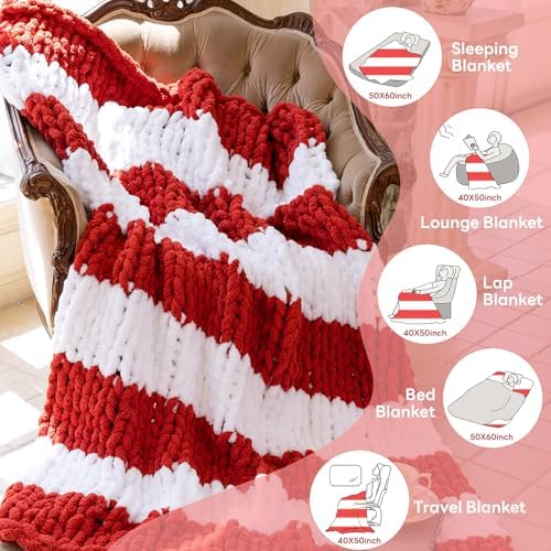 Chunky Knit Throw Blanket for Couch，50x60 Inches White red - Image 3