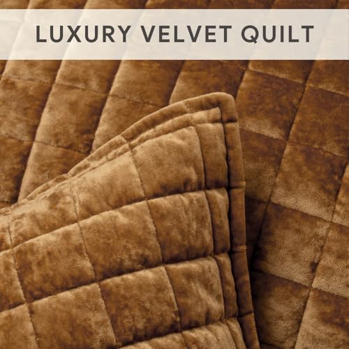 RECYCO Channel Box Stitch Velvet Quilt Set, Full Queen Size, Caramel Gold - Image 4
