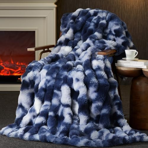 Amélie Home Faux Fur Throw Blanket, Ultra Soft Fuzzy Plush Bubble Blanket for Couch, Bed & Living Room, 60"x80", Tie-dye Blue by Am%C3%A9lieHome