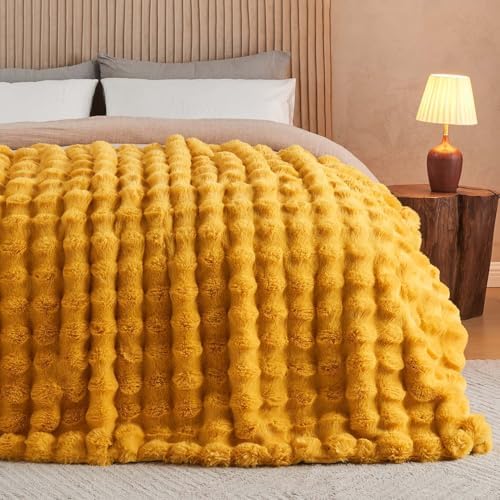Lotus Karen Faux Fur Throw Blanket Ginger Yellow - Big Bubble Rabbit Fluff Blanket for Couch Bed Sofa,Softest Fluffy Fuzzy Cozy Blanket,Thick Furry Plush Shaggy Warm Blankets for Women,50x60 Inches - Image 4