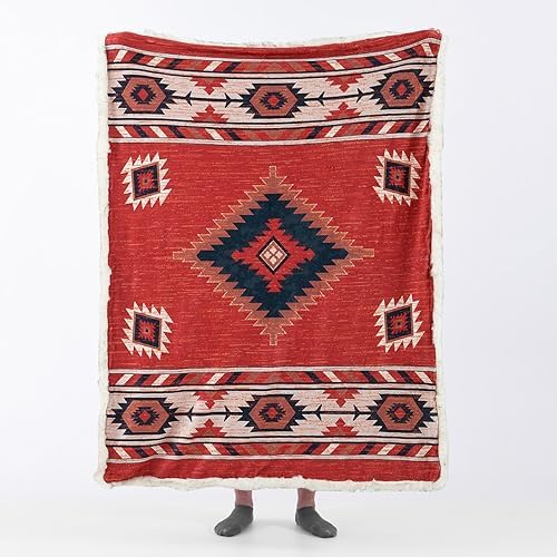 Luxury Plush Faux Fur Throw Blanket with Aztec Pattern, Super Warm, Fuzzy, Elegant, Fluffy Decoration Blanket for Couch, Armchair, Sofa and Bed, 60''x 80'', Red - Image 4
