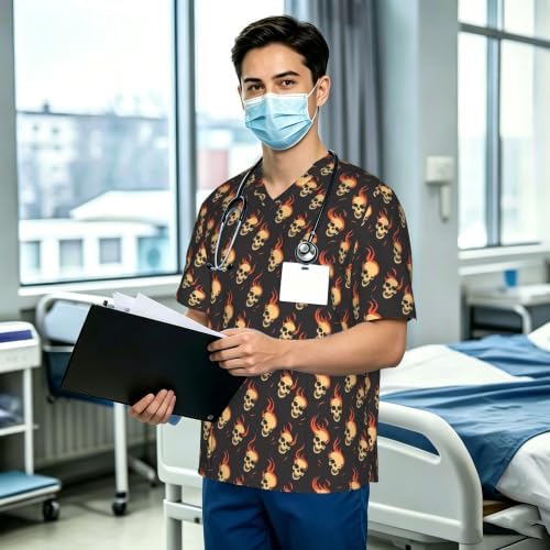 Men's Scrub Top,V-Neck Spill Wrinkle Resistant,3 Pockets-Skull Flame (3) - Image 3