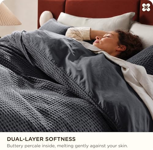 Bedsure PureWoven 100% Cotton Waffle Weave Duvet Cover Set, 3 Pieces, Full - Image 4