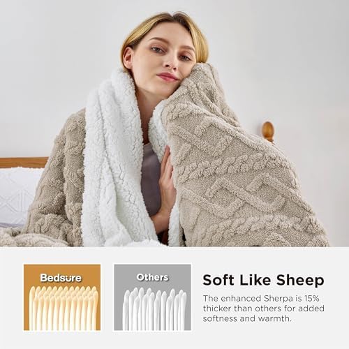 Bedsure Sherpa Fleece Blanket, Cable Jacquard Tufted, Warm, Beige, Queen - Image 3