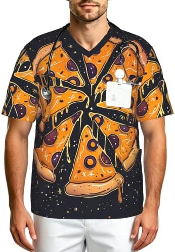 Men's Scrub Top,V-Neck Spill Wrinkle Resistant,3 Pockets-Pizza Fun Pattern (2) by Unknown
