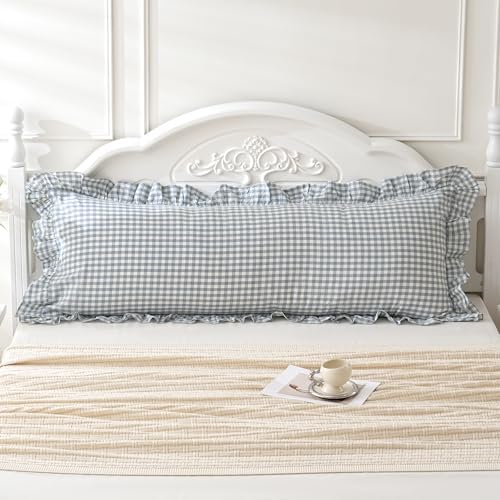 20"x54" Blue White Plaid Ruffled Body Pillow Sham Washed Cotton - Image 2