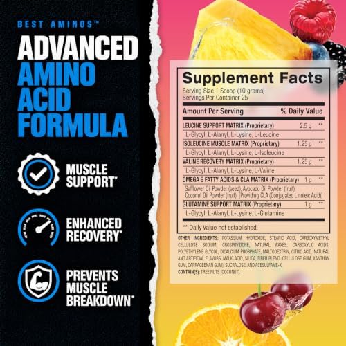 BPI Sports Best Aminos - BCAA Powder Post Workout & Glutamine Recovery Drink with Branched Chain Amino Acids for Hydration & Recovery, for Men & Women - Fruit Punch - 25 Servings - Image 2