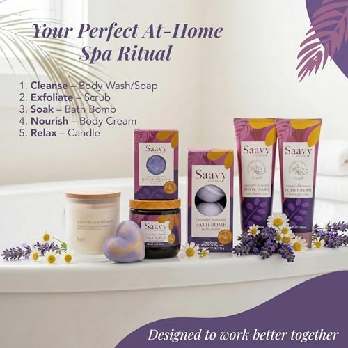 Saavy Naturals 9-Piece Spa Gift Set – Body Wash, Scrub & More – Plant-based Ingredients, Luxurious Spa Gift Basket for Women & Men –Mothers Day Gifts (Lavender Chamomile Gift Set) - Image 7