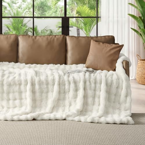 Lotus Karen Queen Size Faux Fur Blanket - Cream White Big Bubble Rabbit Fluff, 90x90 Inches - Image 2