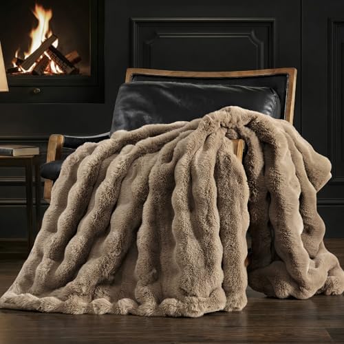EverGrace Faux Rabbit Fur Bubble Throw Blanket, 50"x60", Greige by EVERGRACE