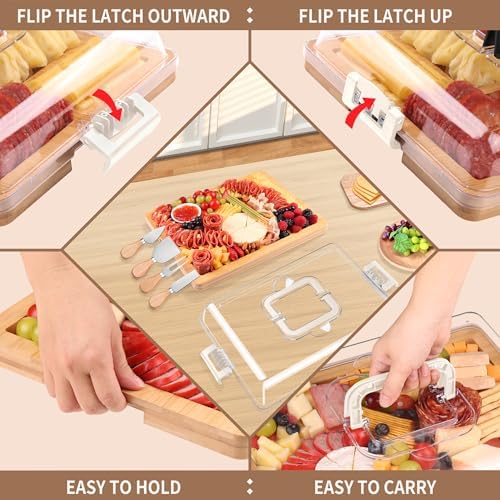 CAWIU Charcuterie Board with Lid and Handle - Portable Travel Design Bamboo Cheese Board Set with 4 Cheese Tools, Gift for Housewarming, Weddings, Picnics(8 Compartments, White) - Image 2